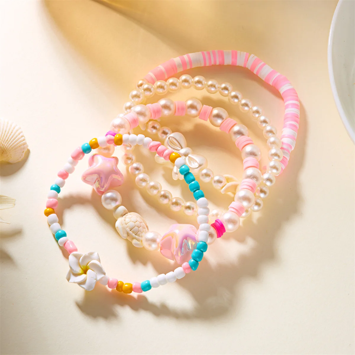 2 Pcs/Set Multicolor Polymer Clay Beads Bracelets for Women Bohemian Flower Charm Elastic Chain Set Summer Jewelry Vacation Gift view 5