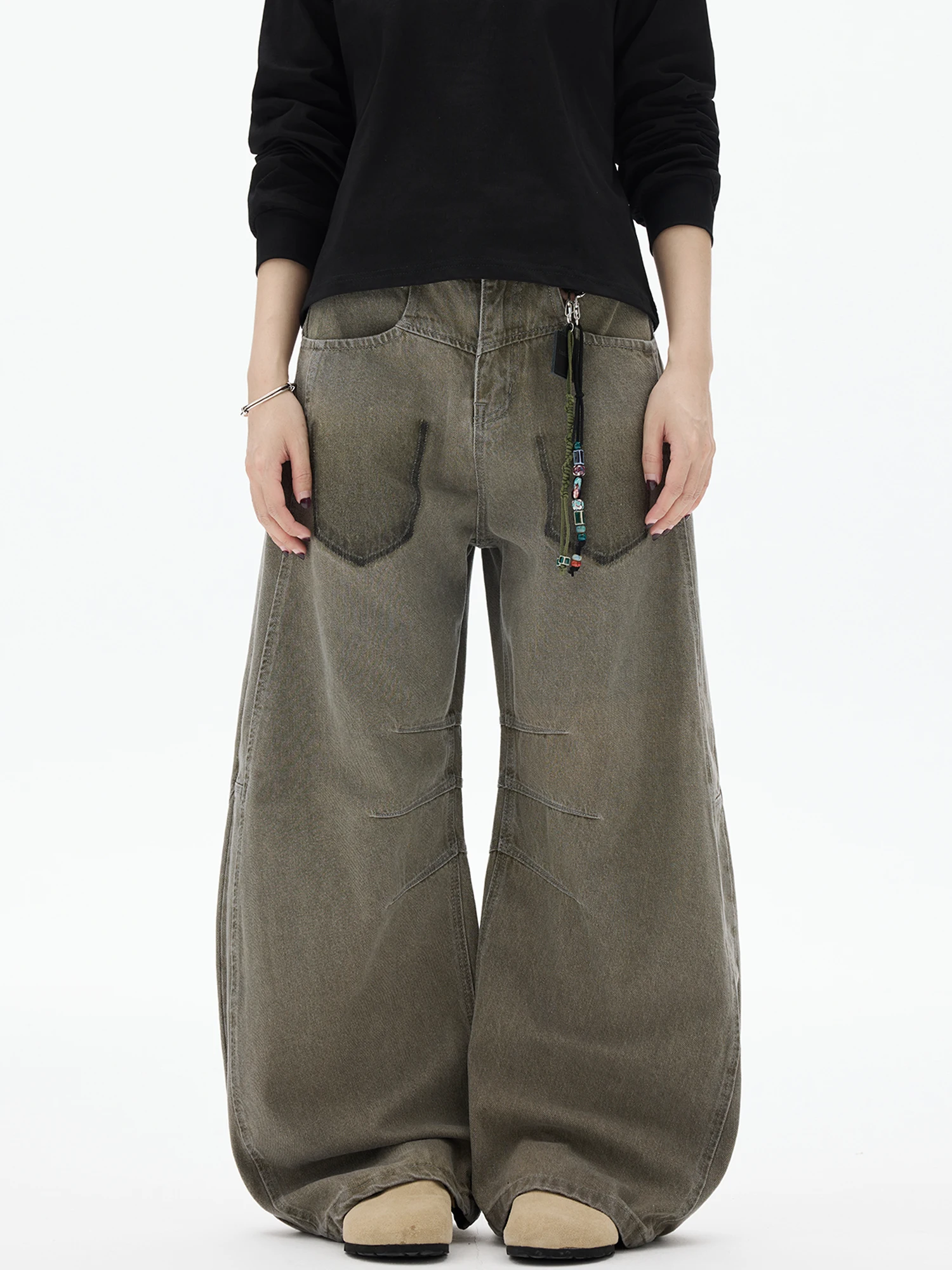 

American High Street Vintage Washed Distressed Knife Jeans Men Women Loose Wide Leg Scythe Pants Trendy Casual Denim
