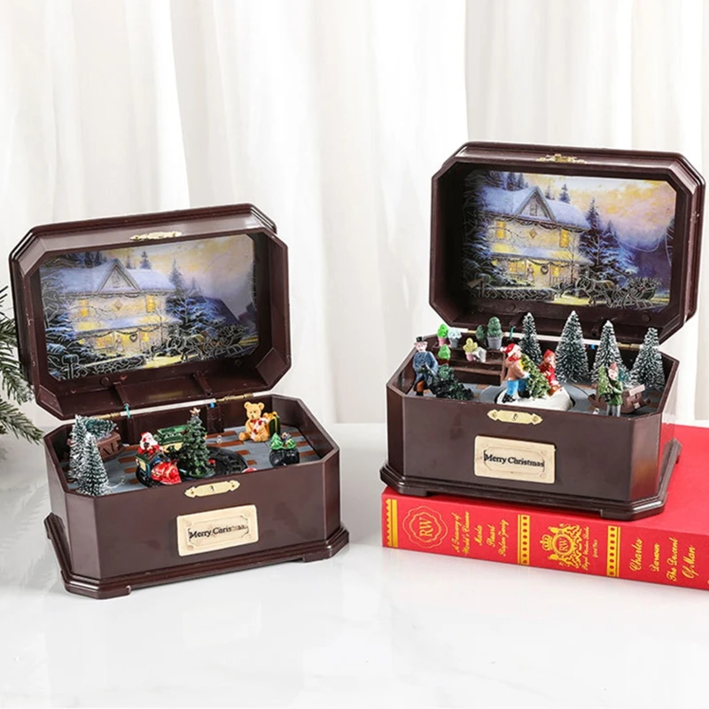 Caja música Led Navidad KX4B, tren para muñeca, adorno Navidad giratorio, adornos para manualidades para boda,