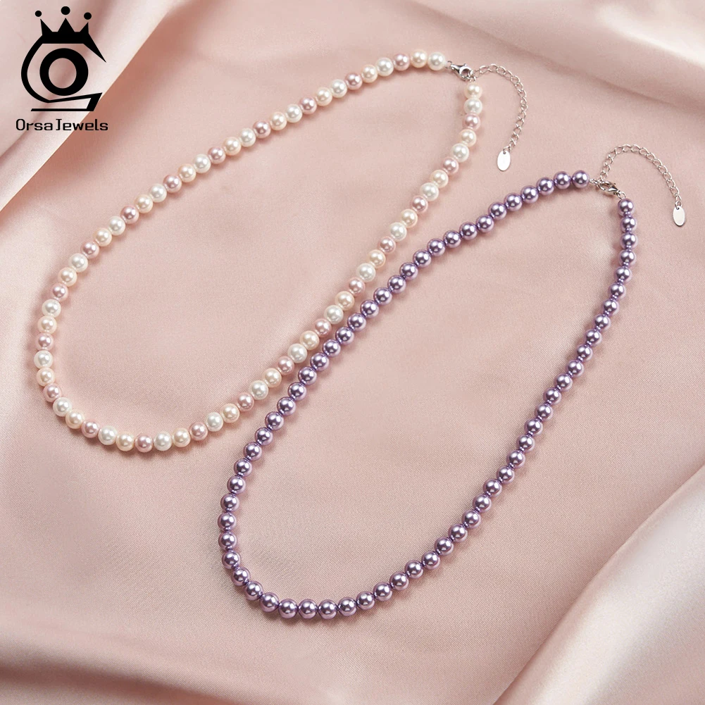 ORSA JEWEL Purple Shell Pearl Necklace 925 Sterling Silver Pearls Choker Chain Elegant Wedding Pearls Neck Chain Jewelry PSN04