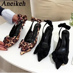 Aneikeh 2025 Summer Women Shoes Leopard print Butterfly Knot Decoration Muller High Heels  Fashion Pointed Party Stripper Sandal