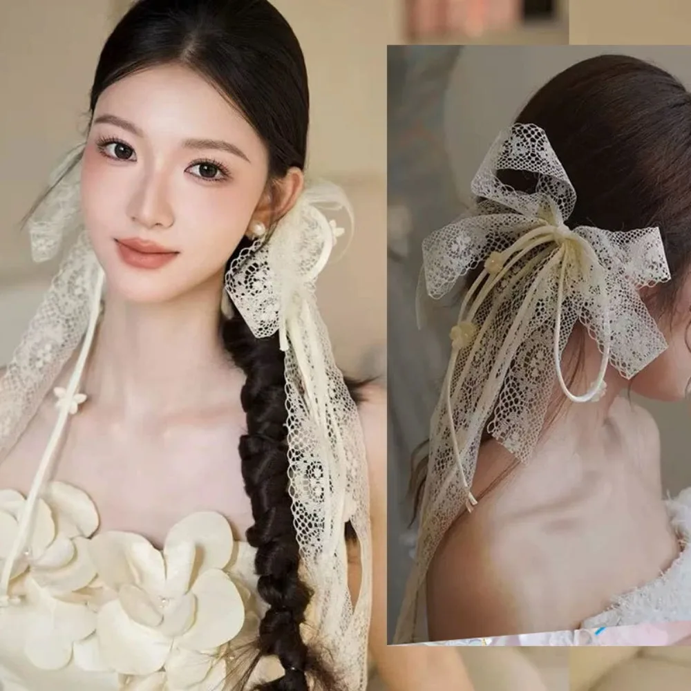 

Новый большой белый головной убор невесты, простой кружевной бант, лента, заколка для волос, милое корейское свадебное платье, аксессуары для волос, мода 2023 г.
