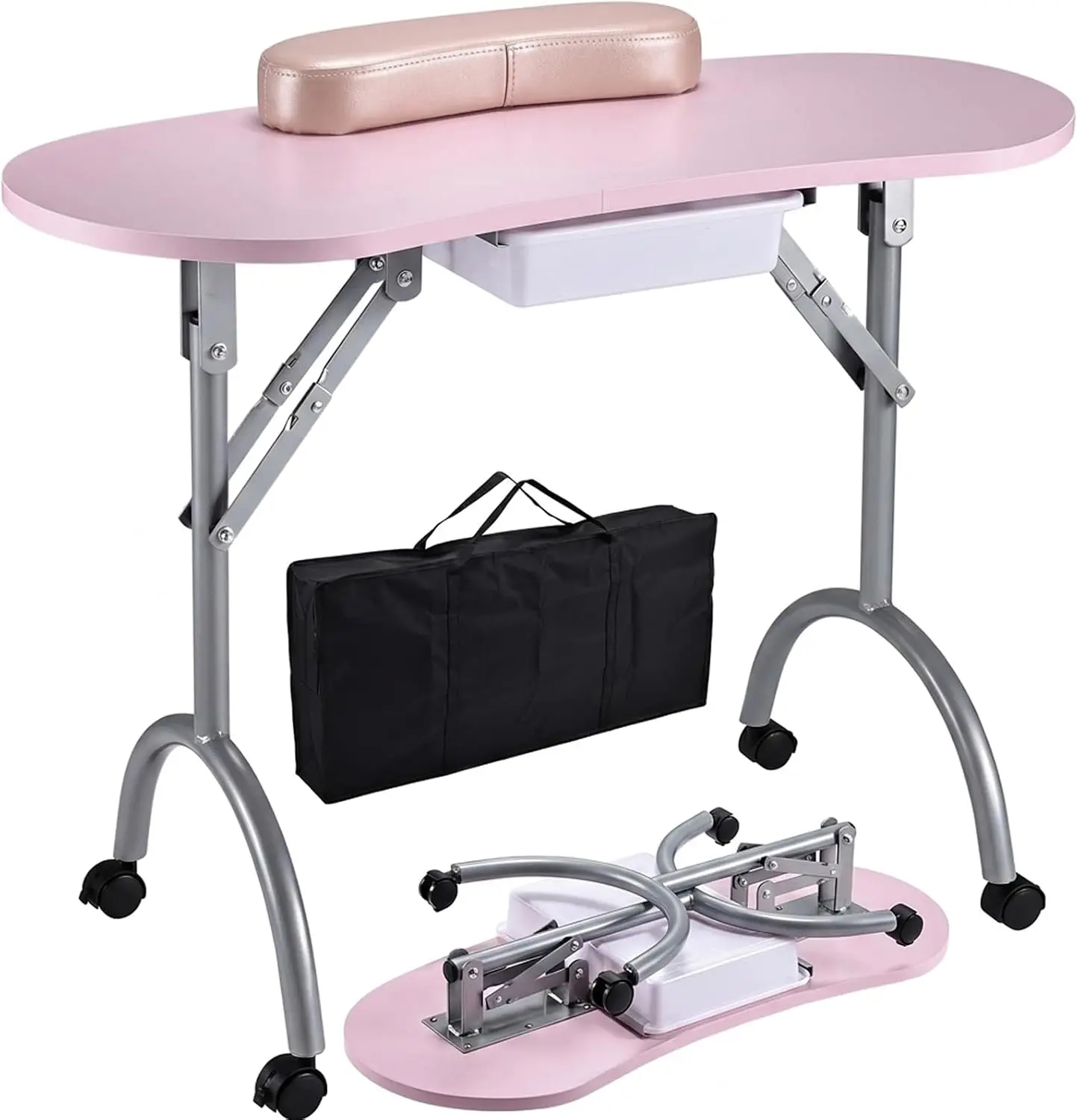 Foldable Portable Manicure Nail Desk Professional Workstation 4 Lockable Wheels Drawer Wrist Pad Carrying Bag Pink