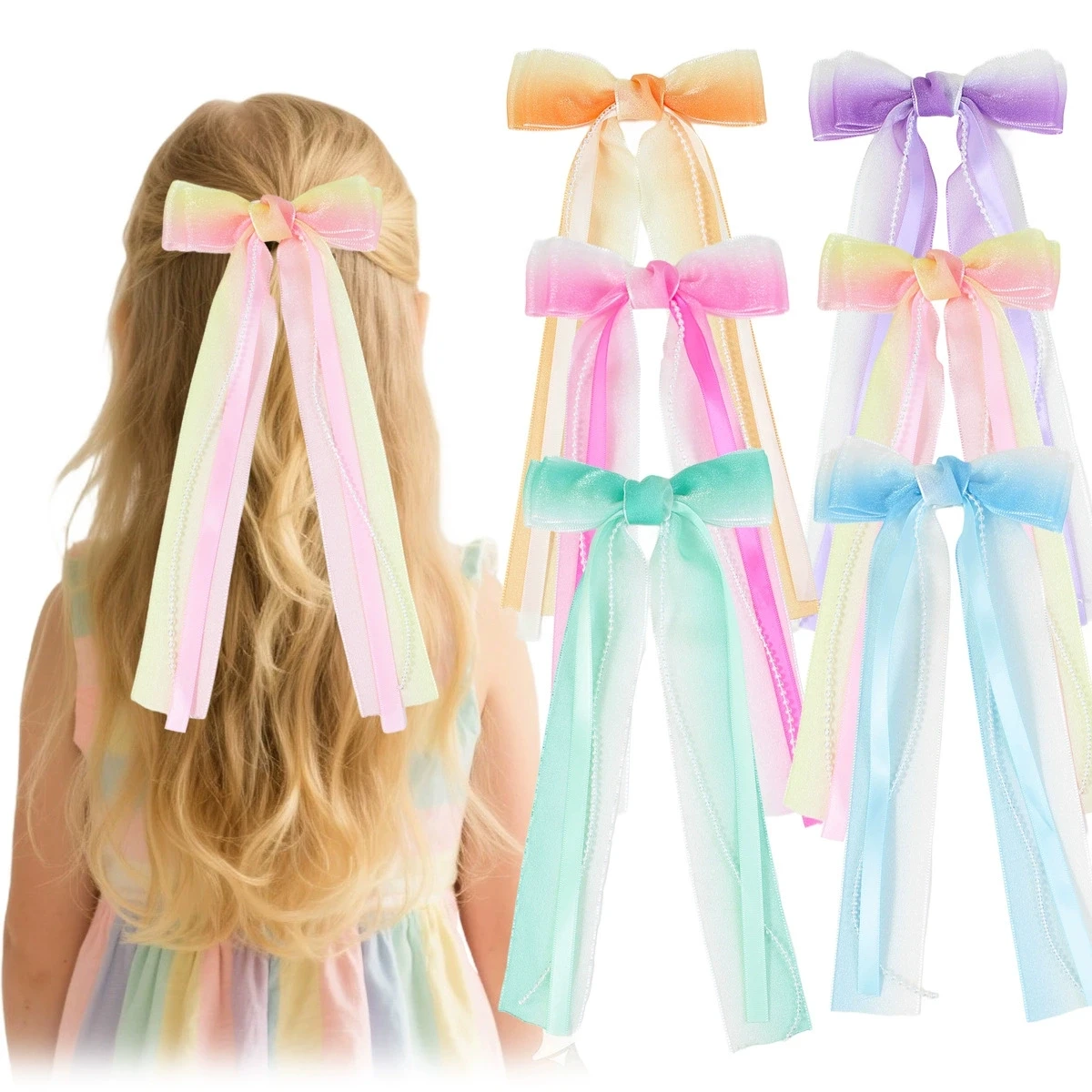

6pcs/set Girls Long Ribbon Streamer Hair Clip Children Chiffon Bow Hairpins Girls' Baby Back Hair Decoration Bow Alloy Barrettes