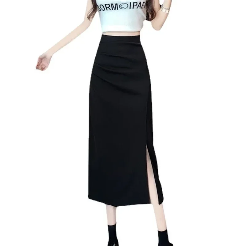 New Spring Women High Waisted Slim Fit Ruched Slit Bodycon Midi Skirt Elegant Office Blazer Pencil Work Long Casual Skirt