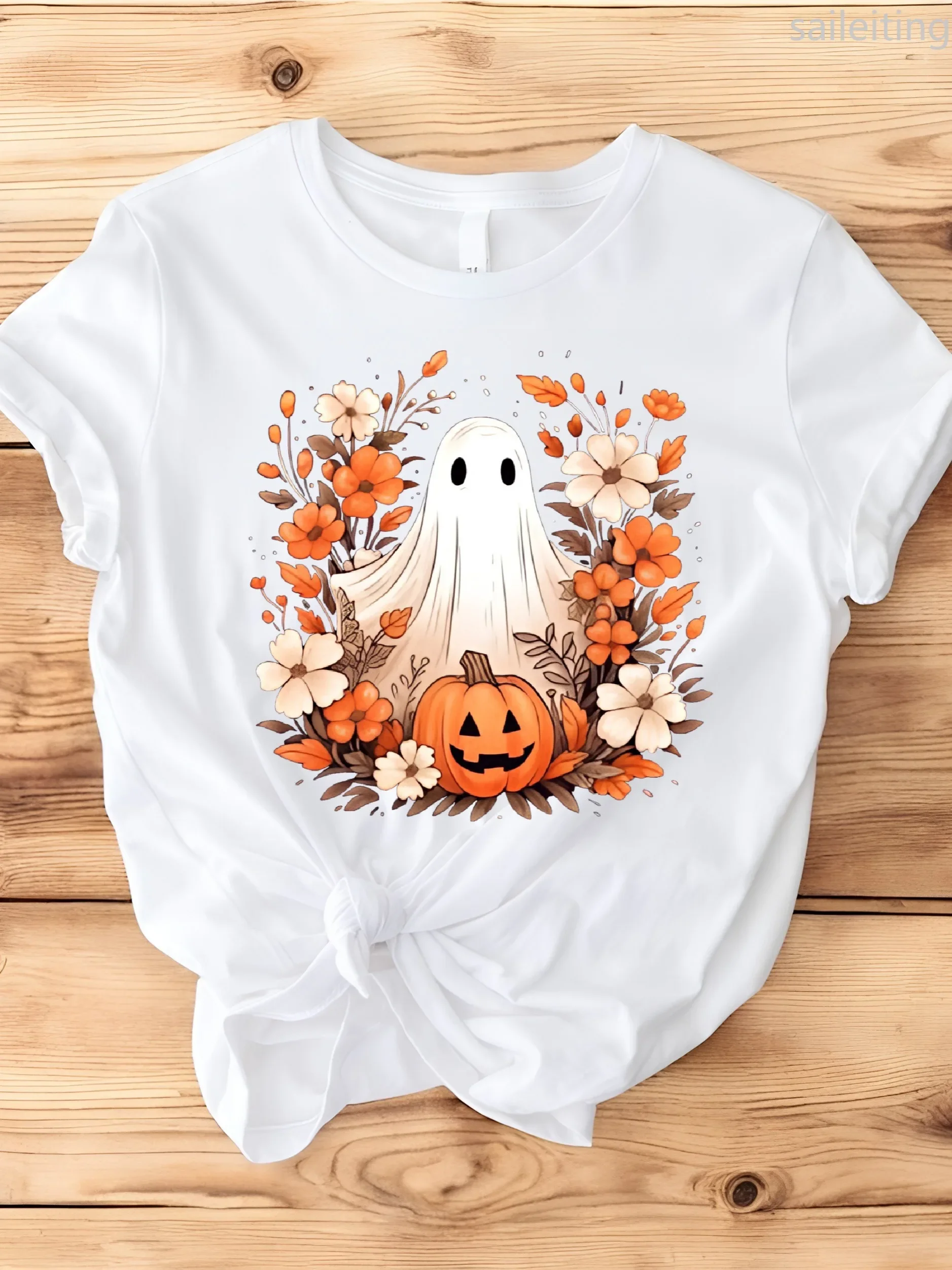 Halloween Spooky Pumpkin T-Shirt - Autumn-Themed with Jack-O'-Lanterns Harajuku Sleeve Women's Clothing Street Aesthetic Clothes