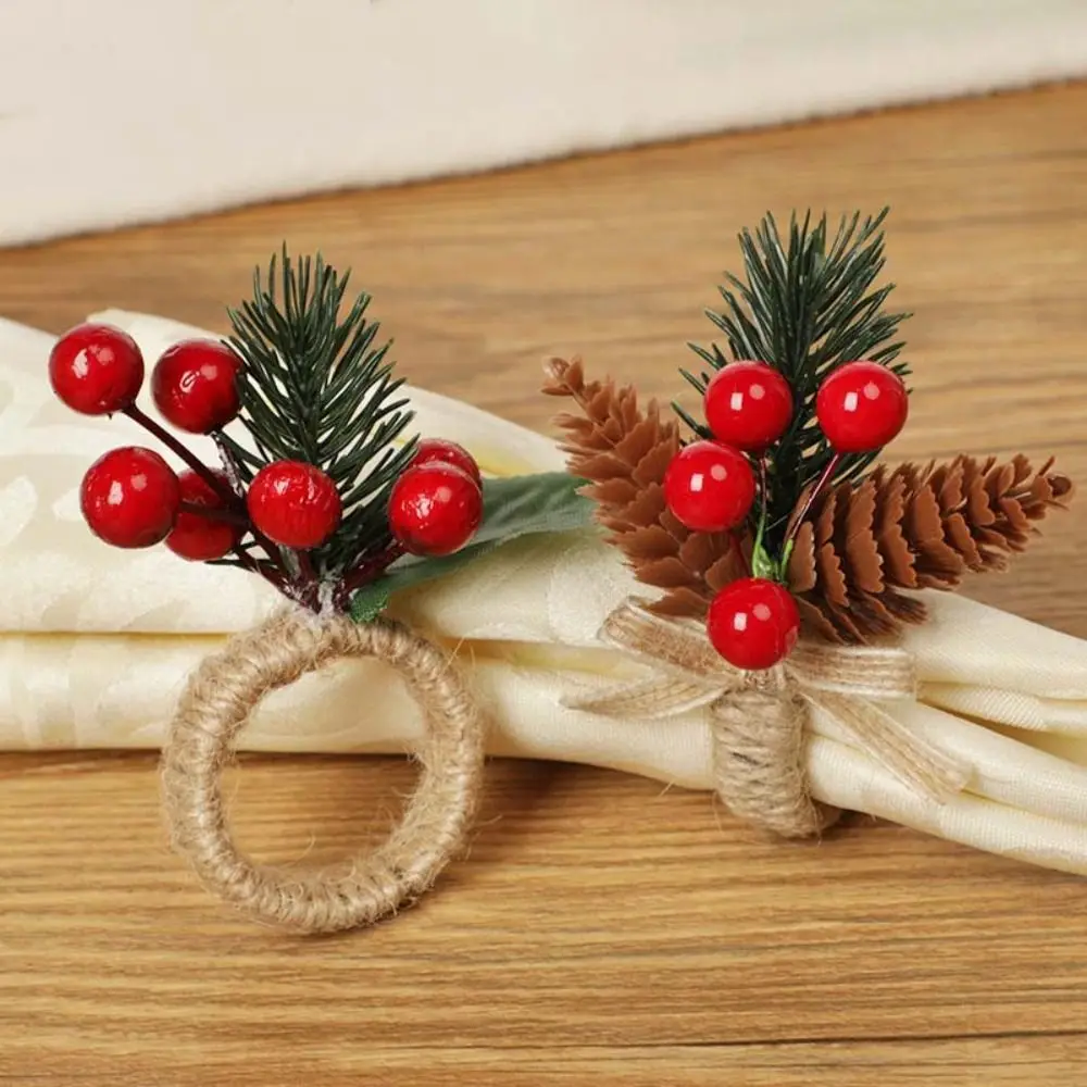 6PCS Jute Twine Christmas Napkin Rings with Red Berries Artificial Napkin Buckle Pastoral Style Towel Buckle Wedding