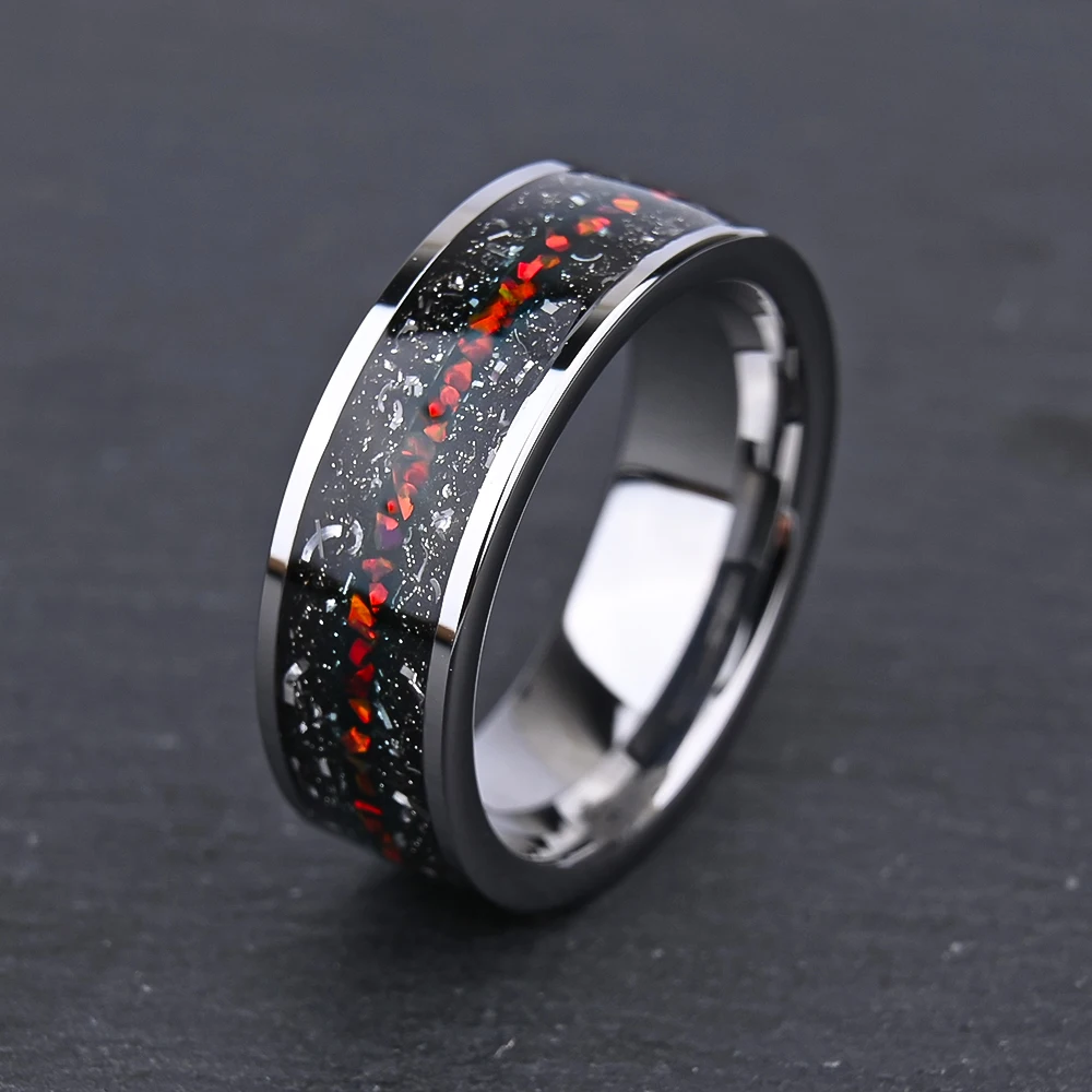 New Arrival Jewelry 8mm Mens Fashion Jewelry Engagement Wedding Band Natural Red Opal and Sandstone Meteorite Anniversary Band