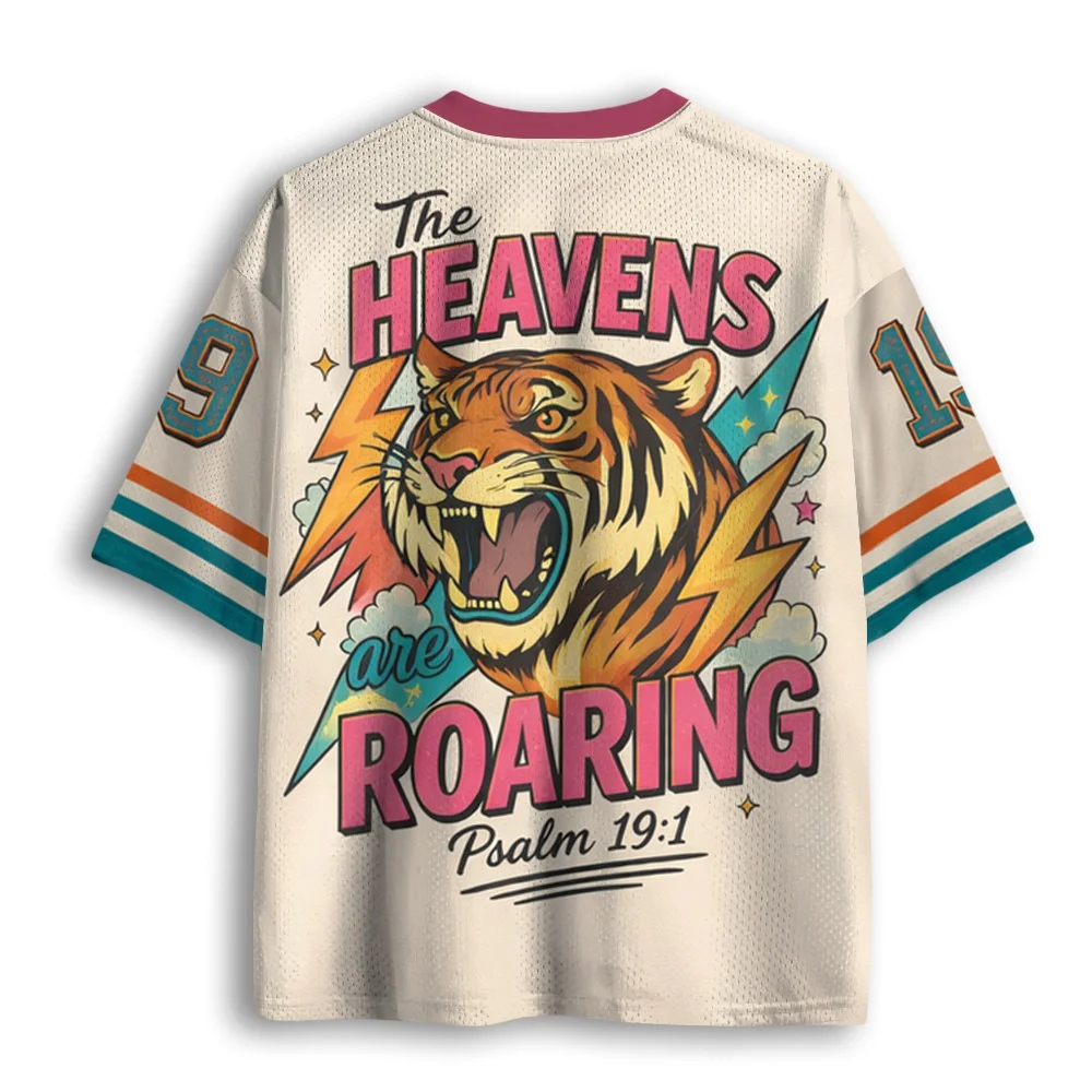Retro Paradise Roaring Poem Tiger Lightning Printed Mesh T-shirt Striped Digital Sleeve V-neck Adult Children's T-shirt