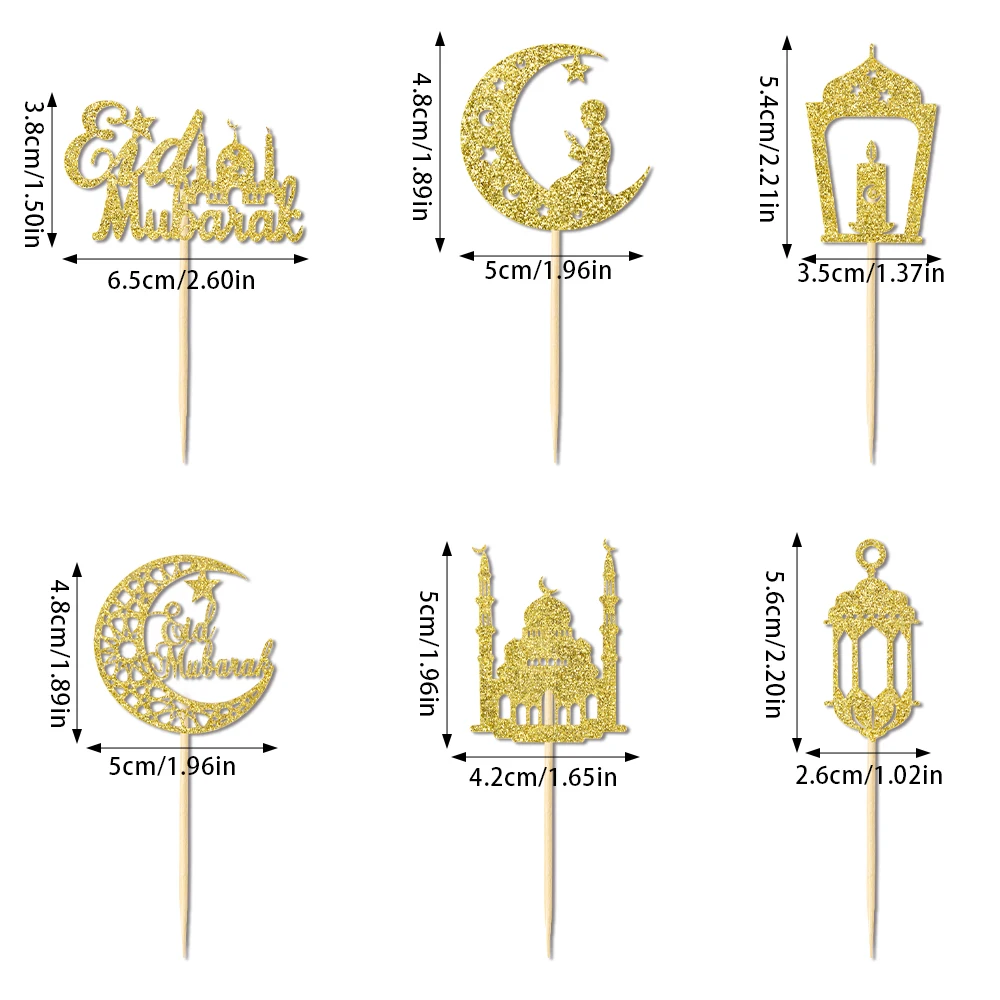 12/24pcs Glitter Gold Eid Mubarak Cupcake Toppers Moon Star Ramadan Kareem Cake Decor Islamic Muslim Party Baking Cake Supplies