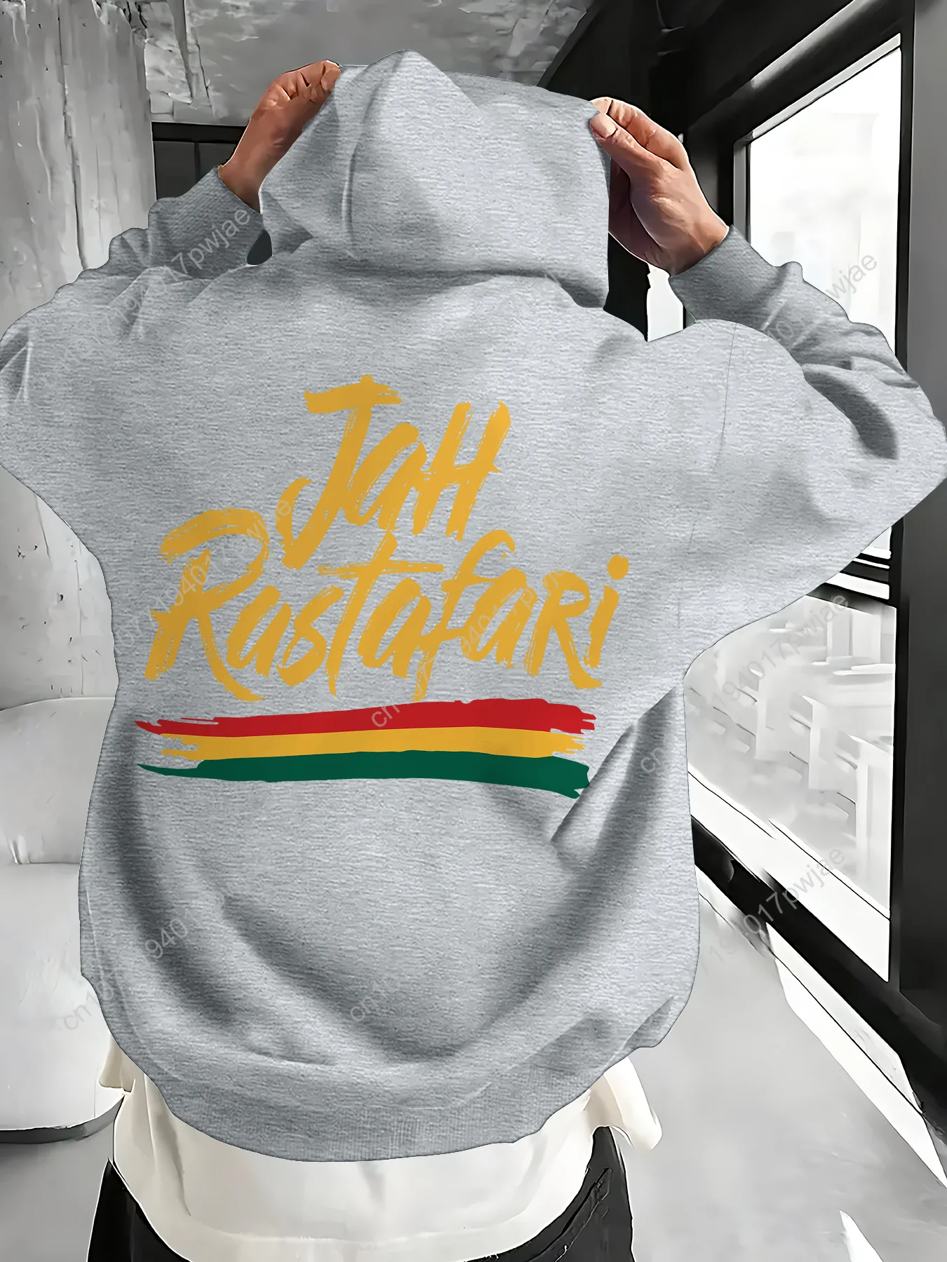 

Men's Hooded Sweatshirt, Rasta Lion of Judah Print Jah Rastafari Reggae Graphic, Red with Green/Yellow/Golden Lettering, Casual