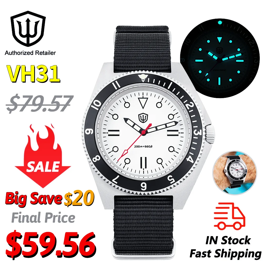 

Watchdives WD1972 Кварцевые часы VH31 Sweep Seconds Механизм Сапфировое стекло BGW9 Светящиеся 20 бар Водонепроницаемые винтажные мужские часы