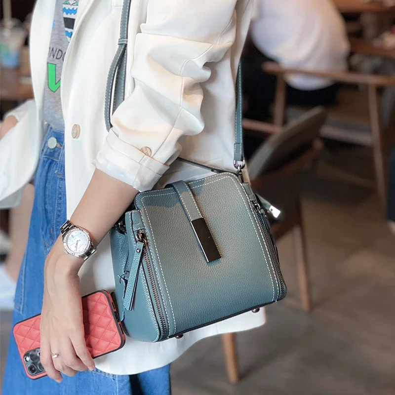 

Top Layer Cow Genuine Leather Versatile Fashion Women's Handbag High Quality Shoulder Bag Lady Commuting Crossbody Bucket Bag