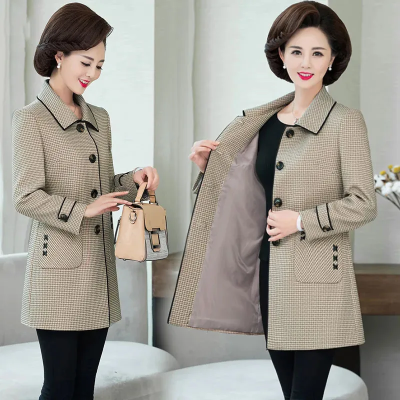 Middle Aged Elderly Womens Woolen Jacket Autumn Winter Mother Outwear New Fashion Mid-Long High-end Blazer Wool Windbreaker Coat