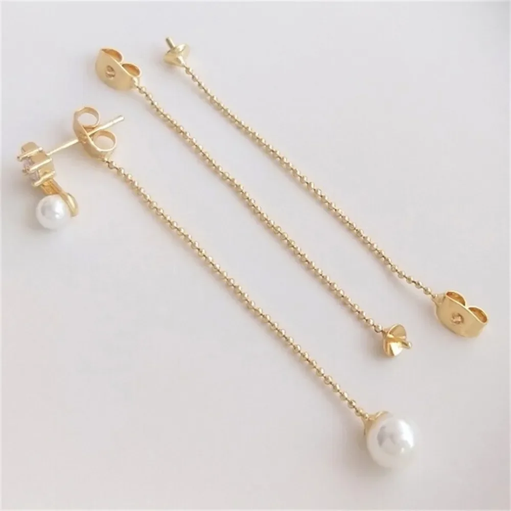 14K Gold-Color Ear Plug Tassel Chain Bead Support Ear Line DIY Pearl Earrings Hand-made Stud Earrings Jewelry Material E276