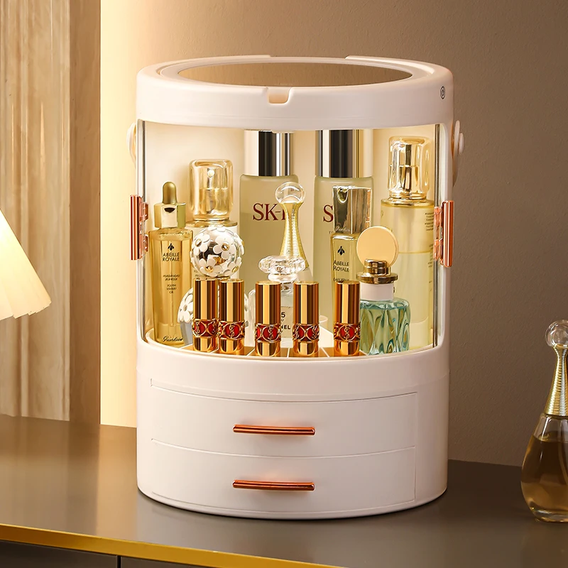Rotating Makeup Organizer - LED Cosmetic Storage Box with Dustproof Design  Large Capacity Vanity Case for Brushes/Perfumes