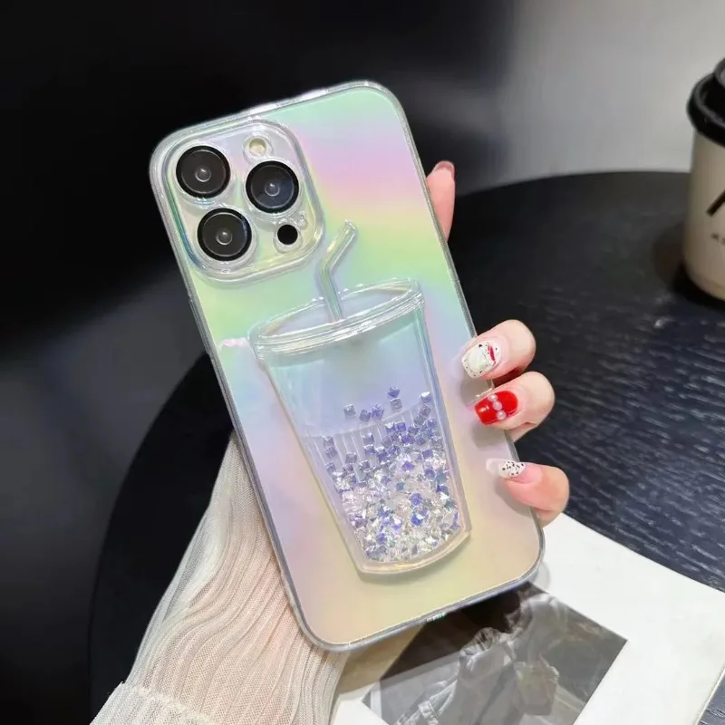 Fashion Milk Tea Cup Laser Quicksand Phone Case For iPhone 16 15 14 13 12 11 Pro Max Plus Transparent Gradient Shockproof Cover