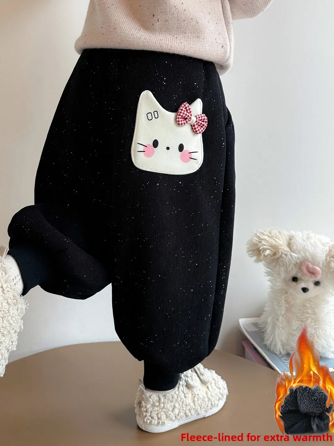 

Брюки на подкладке с мультяшным принтом для девочек, длинные брюки с высокой талией, повседневные теплые джинсы с манжетами для молодых девушек до 7-летнего возраста