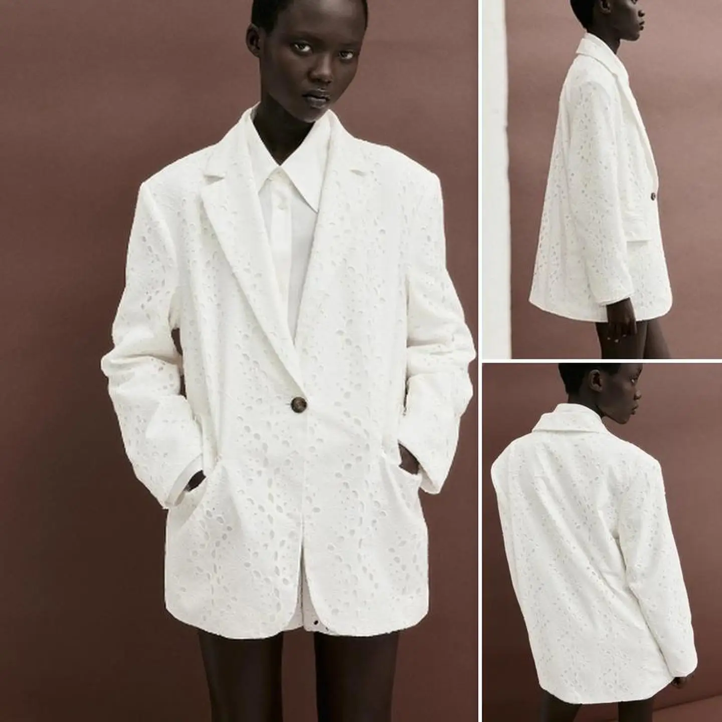 Damska kurtka z haftem, ażurowa, długa, z jednym guzikiem, z klapami, z kolekcji jesiennej.