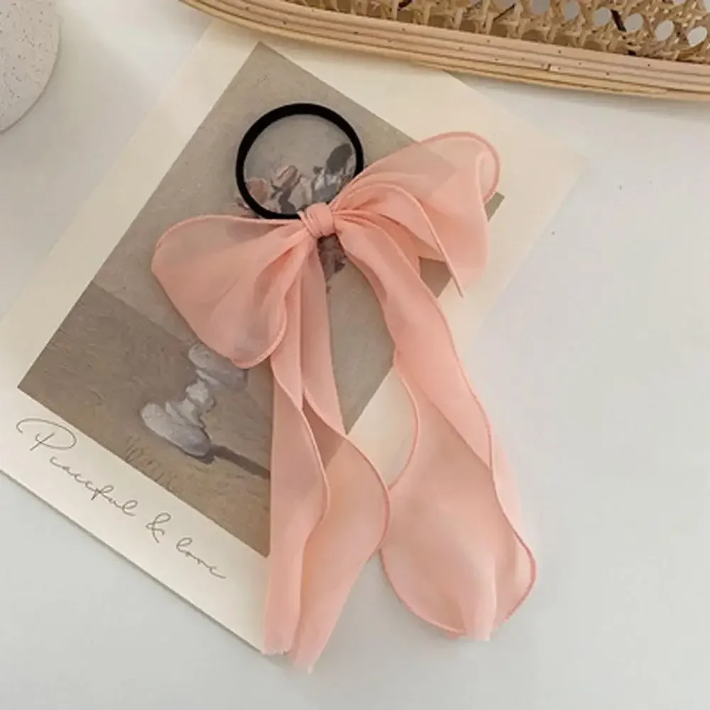 Summer Solid Color Lace Yarn Ribbon Hair Scrunchies Women Bow Elastic Hair Rope Ponytail Holder Girls Hair Ties Accessories