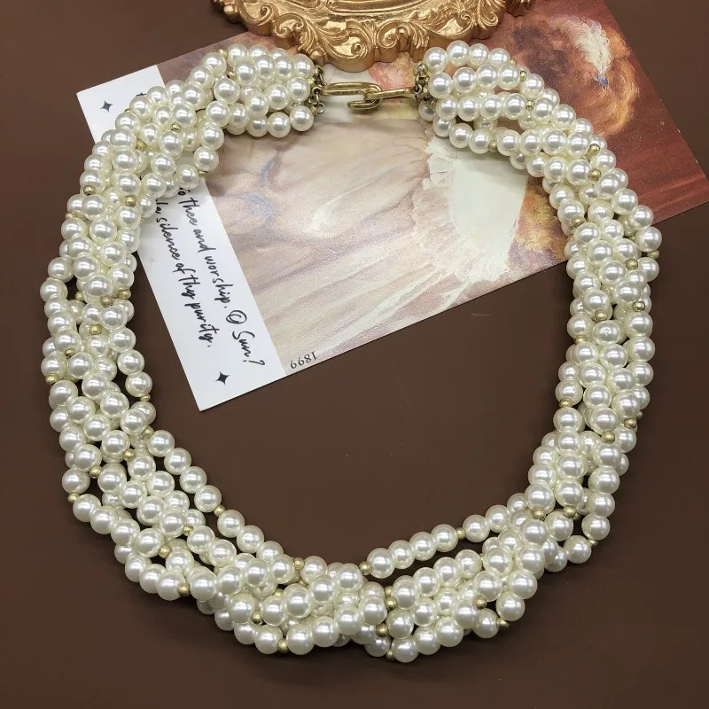 

French Design Sense Fashion Sweater Chain Pearl Multi-layer Beaded Necklace Diamond Copper Brooch Jewelry Set Women
