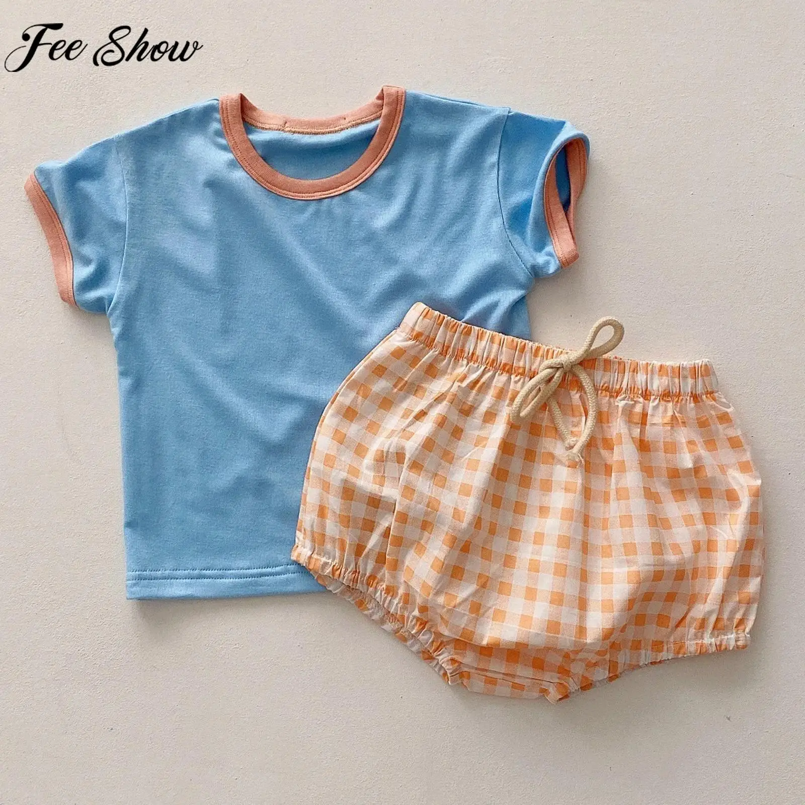 

little Girls Boys Summer Short Sleeve Tees Top with Plaid Bottoms Casual Cotton Outfit Daily Wear Homewear Sleepwear loungewear