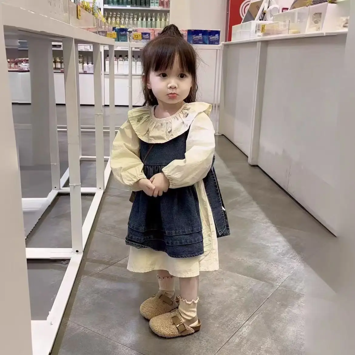 Autumn 2024 Baby Girl 2PCS Clothes Set Solid Denim Vest Suit Pattern Embroidery Collar Long Sleeve Pincess Dress Kid Girl Outfit