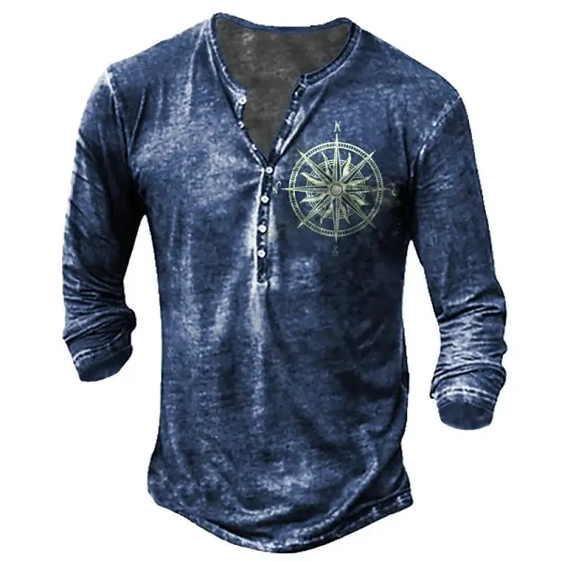 Vintage V-neck Henley Shirt Navigation 3d Gothic Long Sleeve T Shirt For Men 5xl Oversized Tops Tee Shirt Man Punk Streetwear