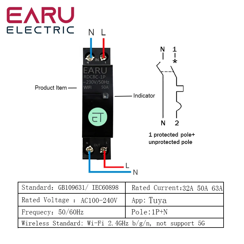 1P+N WIFI Circuit Breaker Smart Time Timer Relay Switch Voice Remote Control by Amazon Tuya Smart House for Alexa Google Home