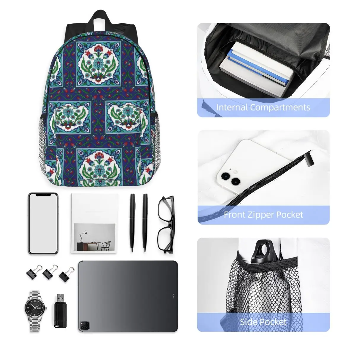 Turkish Tile Pattern Vintage Iznik Cer Backpack Student Boys Girls BookBag Men Women School Bag Laptop Shoulder Bags
