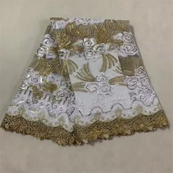 African Swiss Voile Lace Fabric, Embroidered Tulle, Sequins, Dry Cotton for Wedding, High Quality, White and Gold, 5 Yards, 2024