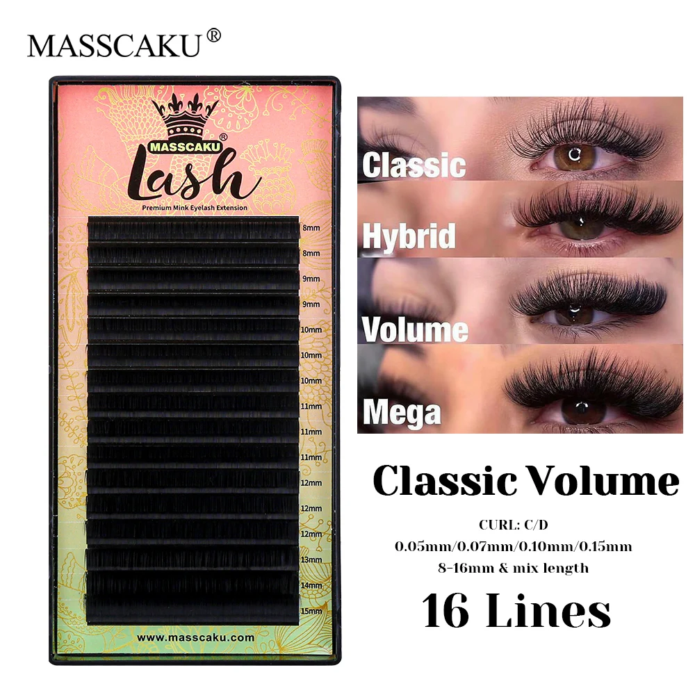 16 Lines MASSCAKU C D Curl Waterproof Classic Regular Lashes 0.05/0.07/0.10/0.15mm Thickness Ribbon Russian Volume Lash in Stock