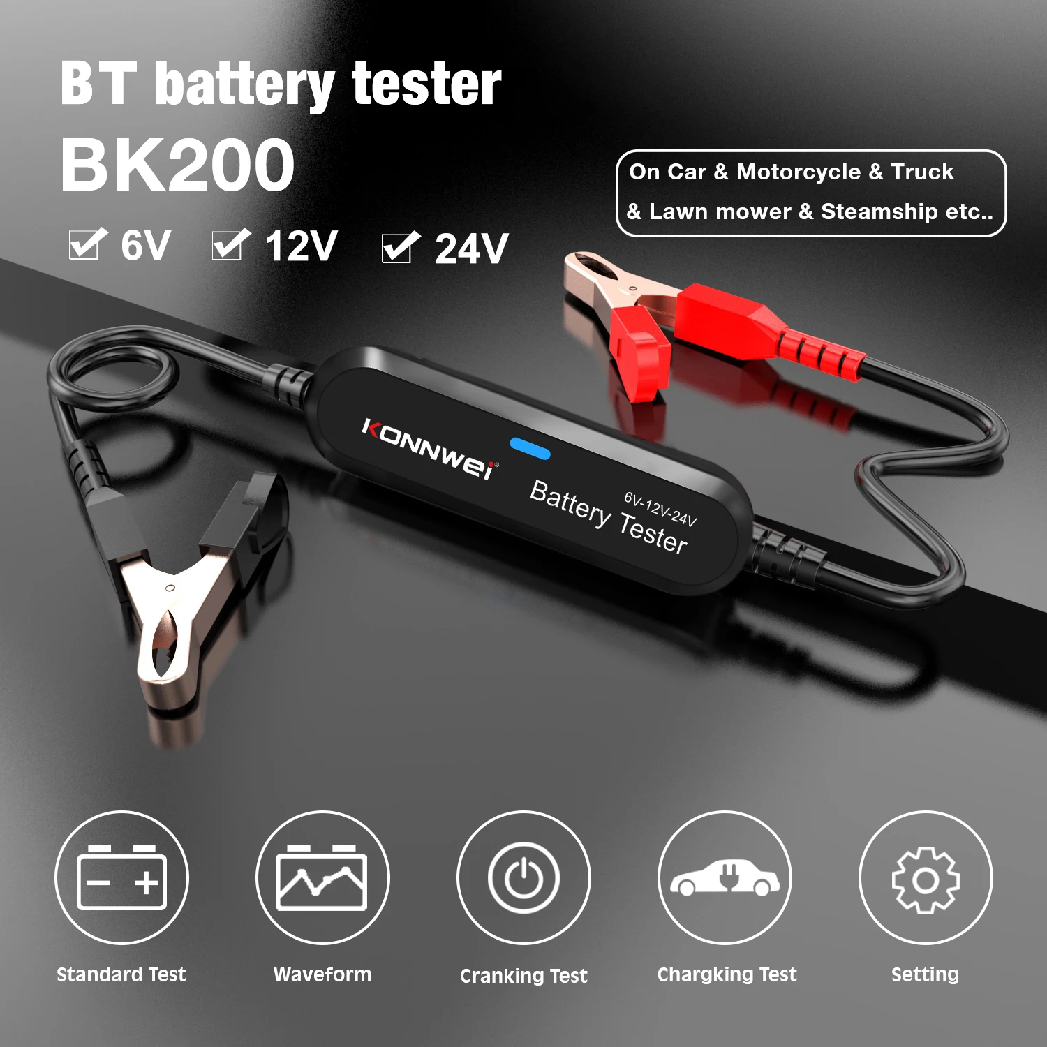 KONNWEI BK200 6V 12V 24V Bluetooth 5.0 Samochód Motocykl Ciężarówka Tester akumulatora Analizator 2000CCA Narzędzie do testowania rozruchu ładowania