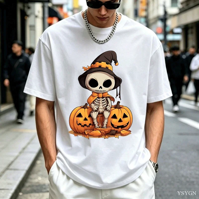 Men Cute Skeleton Witch Hat Pumpkin Halloween T Shirt Cartoon Spooky Holiday Graphic Short Sleeve O Neck Casual Cotton Tops