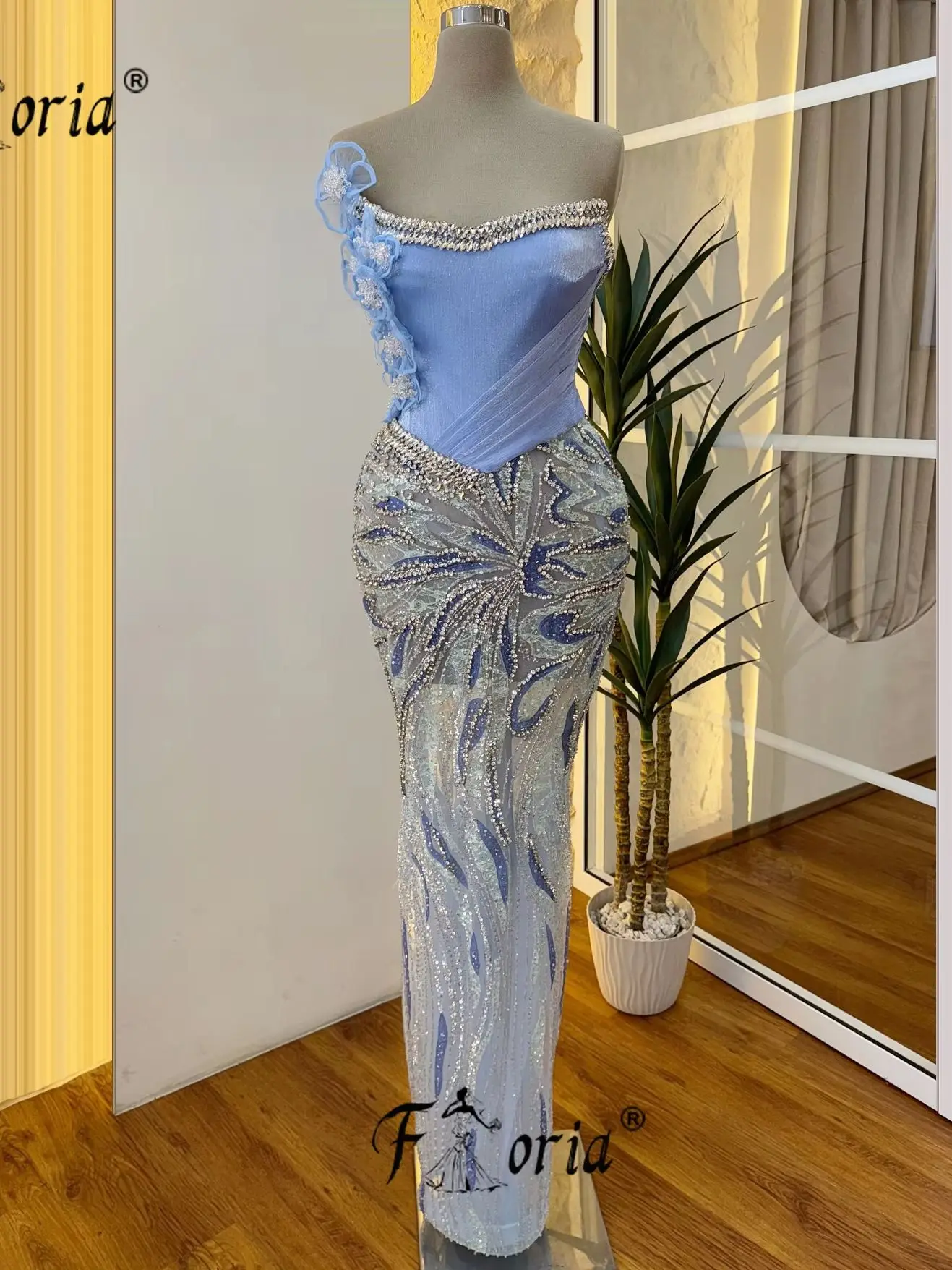 

Unique Blue Crystal Sequined Party Dress Beaded Mermaid Prom Evening Celebrity Occasion Dresses Cocktail Robe soiree Customized