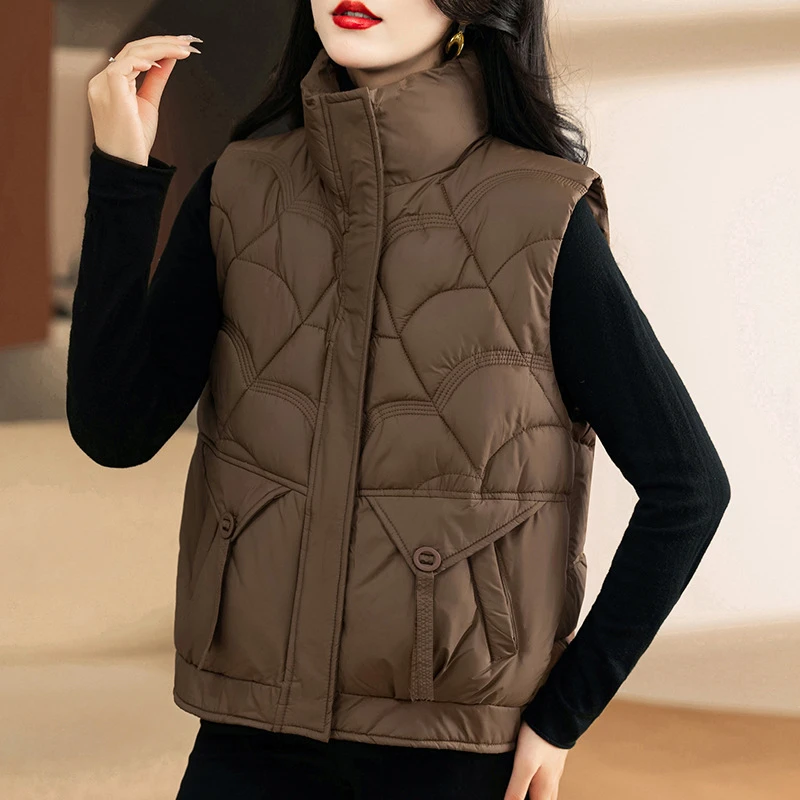 

Autumn Women Lightweight Short Down Vest Jackets Loose Simple All-match Casual Cotton Waistcoat Stand Collar Sleeveless Outwear
