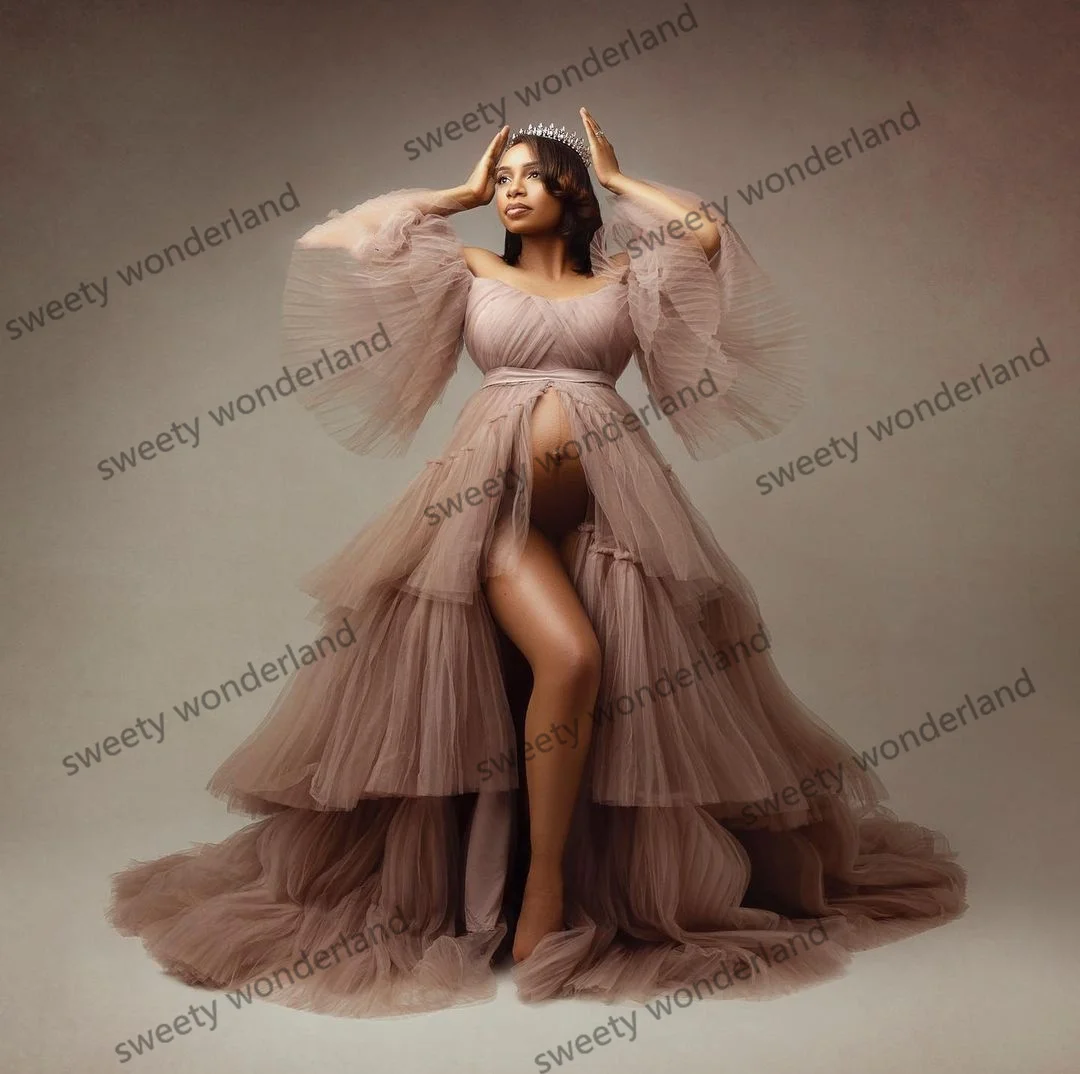 Pleat Tulle Maternity Dress for Photoshoot Tiered Prom Dresses Front Split robes de soirée Long Sleeve Party Dress