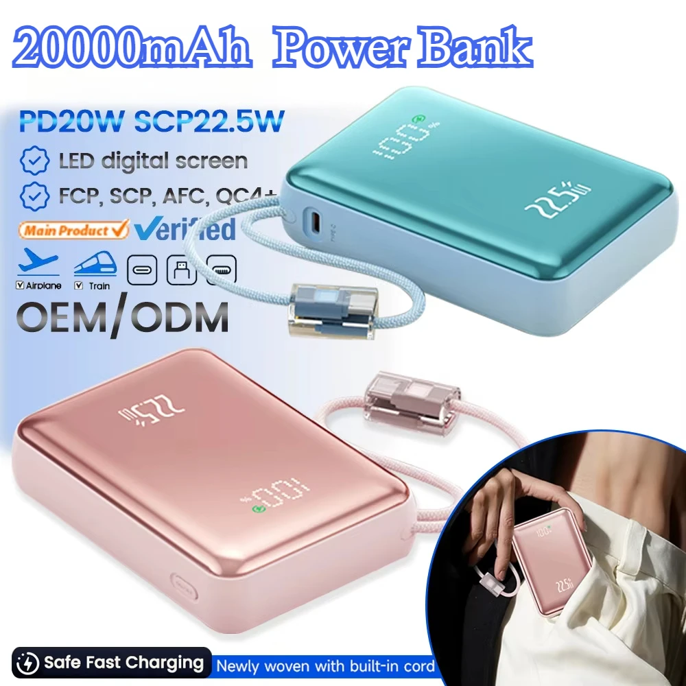 20000mAh Power Bank 22.5W Built-In Dual USB-C Lightning Cable Thinner Fast Charging for IPhone 17 Samsung S25 Xiaomi Huawei Poco