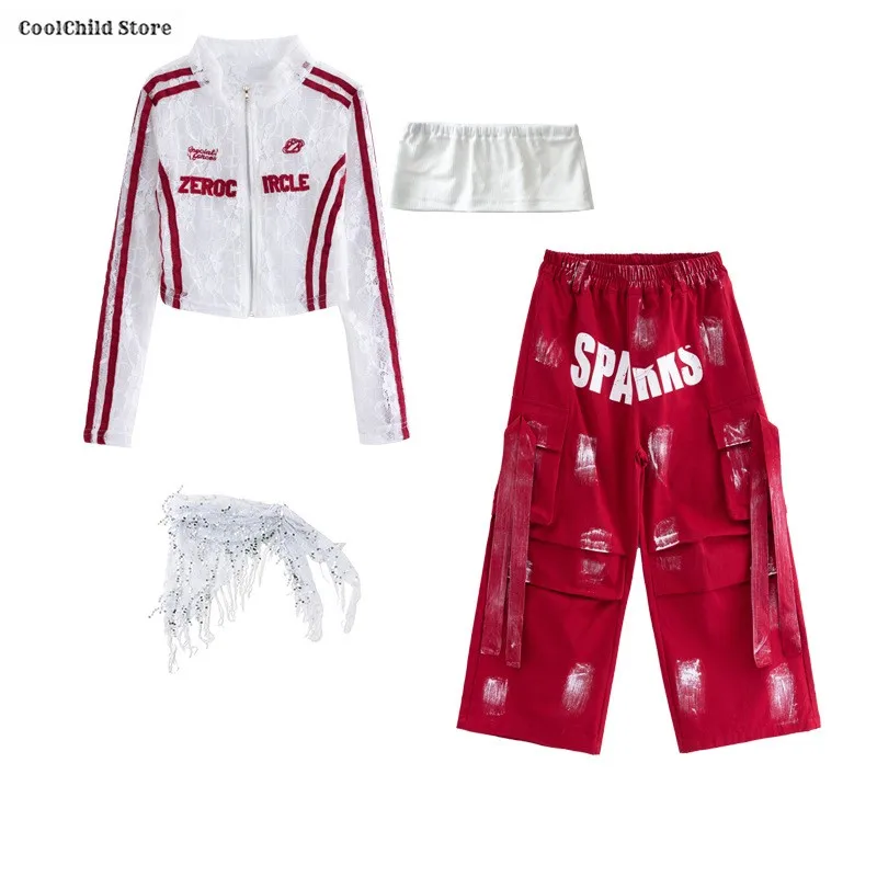 Girls Hip Hop Mesh Crop Jacket Paint-Speckled Cargo Pants Costumes Kids Streetwear Children Jazz Girl Group K-pop Clothes Sets image 3