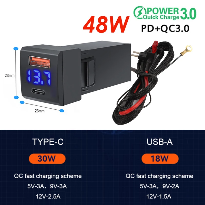 

48W Fast Charger Voltmeter PD+QC3.0 USB Type-C Dual Port Phone Power Socket Quick Charge Mobile Phone Accessories For Toyota