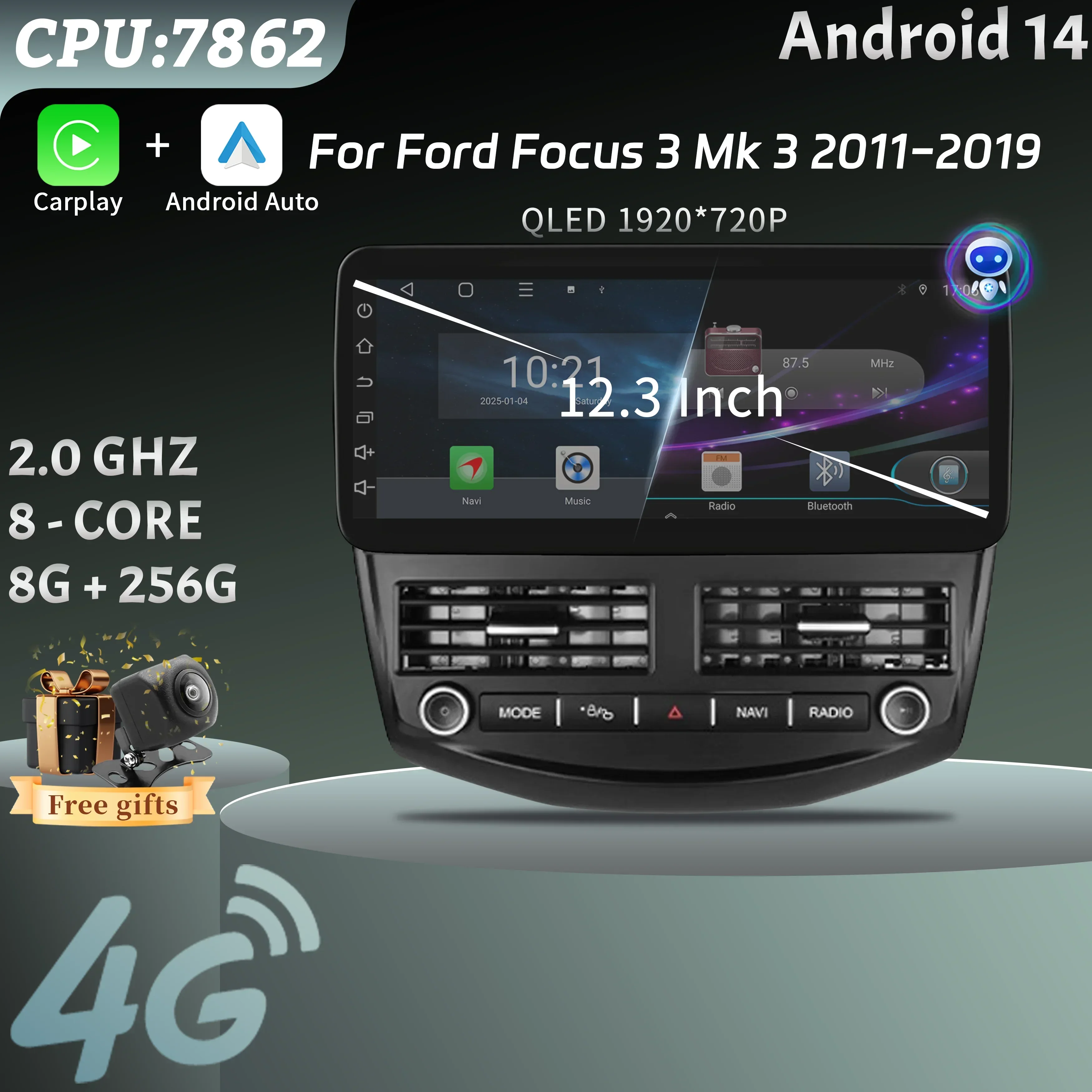 12.3inch Android Car Radio For Ford Focus 3 Mk 3 2011-2019 Multimedia 4G GPS Wireless Bluetooth Carplay Head Unit Stereo Screen