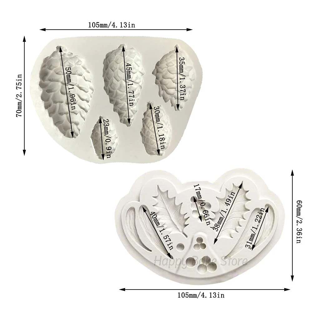 Christmas Holly Leaf & Pinecone Silicone Molds, Xmas Fondant Mould, For DIY Cake Decoration, Biscuit, Sugar, Pudding, Chocolate