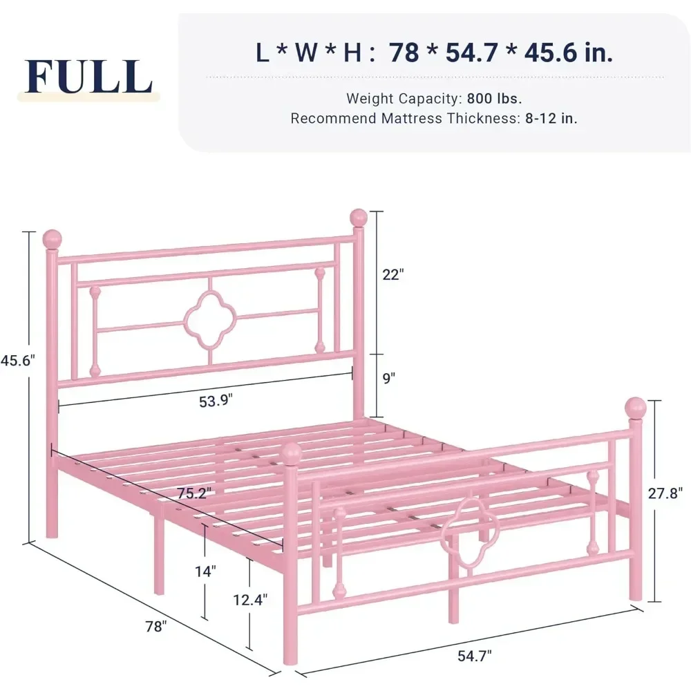 Metal Platform Bed Frame w/ Victorian Vintage Headboard and Footboard/Mattress Foundation/Under Bed Storage/Noise-Free,Full,Pink