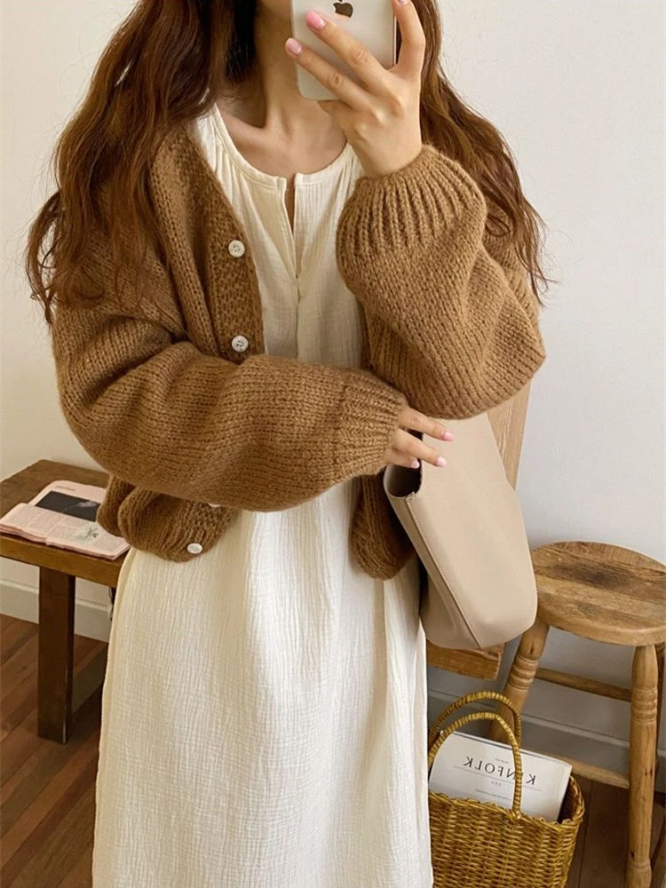 Solid Cropped Cardigans Women All-match Autumn Simple Fashion Sweet Vintage Young Girls Tender Temperament Loose Ins Korean Chic