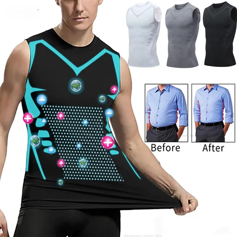 Heren Ionische Vormgevingsvest Ijs-Zijde Afslankvest Bodyshaper Compressie T-Shirts Tanktop Buikcontrole Sneldrogende Fitness Shirts