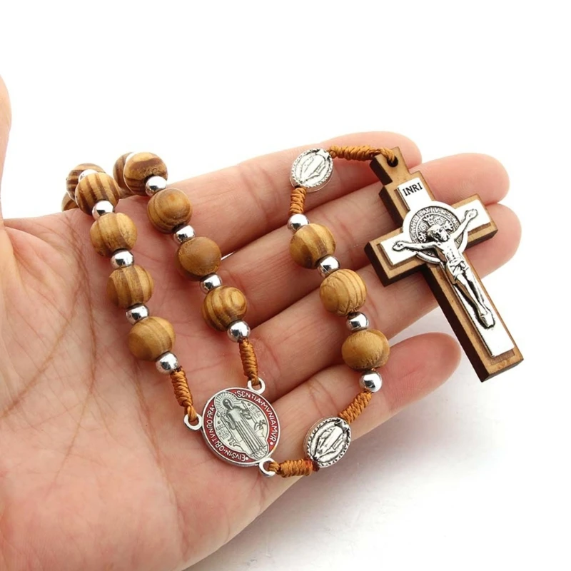 10mm Wooden Beads Catholic Rosary Necklace Christian Religious Jesus Pendant Praying Jewelry for Men Women Gift B03E