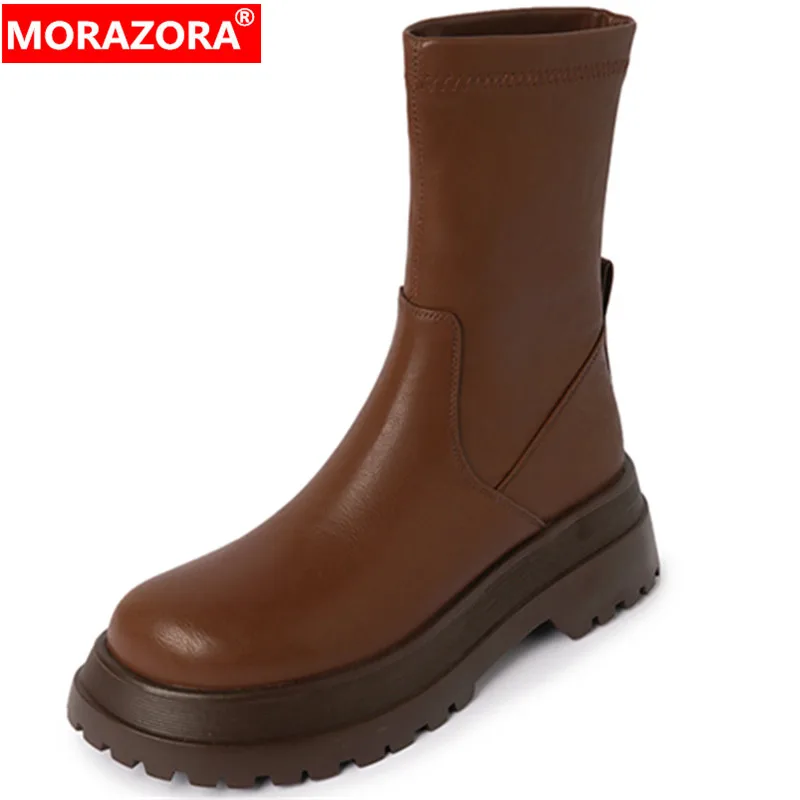 

MORAZORA 2024 New Slip On Ankle Winter Autumn Platform Boots Ladies Genuine Leather Women Boots Thick Med Heels Shoes