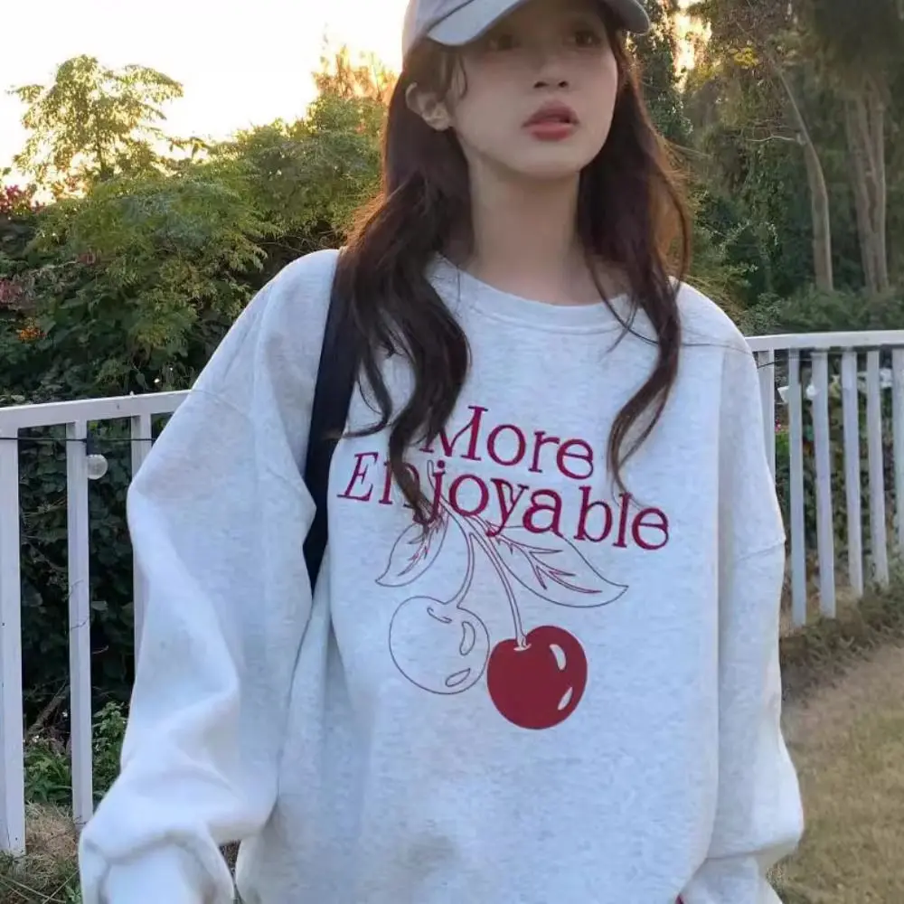 Bedrukte fleece top met lange mouwen losse zoete kers herfst hoodie top meisjeskleding Koreaanse ins sweatshirts voor dames streetwear