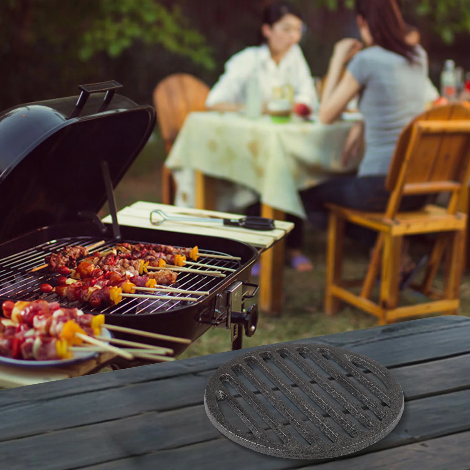 Black Cast Iron Round Grill Plate BBQ Grate For Meat Roasting On Outdoor Barbecue Grills Kitchen Gadget