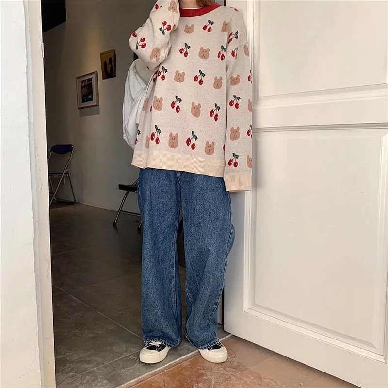 Women's Vintage Lazy Loose Bear Cherry Sweaters 2024 Japanese Kawaii Ulzzang Sweater Korean Harajuku Cute Clothing for Female